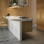 Modern kitchen with wooden cabinets, marble island, bar stools, built-in ovens, and a large plant.