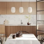 Caesarstone ICON 5105 Calacatta Dreamwave white veined surface in modern farmhouse kitchen