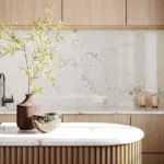Caesarstone ICON 5105 Calacatta Dreamwave white veined surface in modern farmhouse kitchen