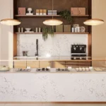 Caesarstone ICON 5105 Calacatta Dreamwave white veined surface in modern bakery cafe