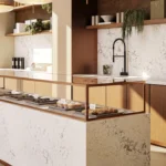 Caesarstone ICON 5105 Calacatta Dreamwave white veined surface in modern bakery cafe