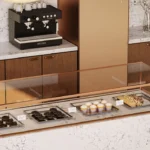Caesarstone ICON 5105 Calacatta Dreamwave white veined surface in modern bakery cafe
