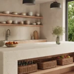 Caesarstone ICON 8251 Taj Whisper Kitchen with minimalist kitchen with wooden shelves, marble island, woven baskets, pendant lights, and greenery outside window.