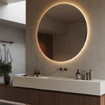 Caesarstone ICON 8252 Sedara in Modern bathroom with backlit round mirror, floating wooden vanity, and hanging garment with plant.