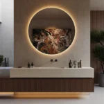 Caesarstone ICON 8252 Sedara in Modern bathroom with illuminated round mirror, floating vanity, potted plants, and minimalist decor.